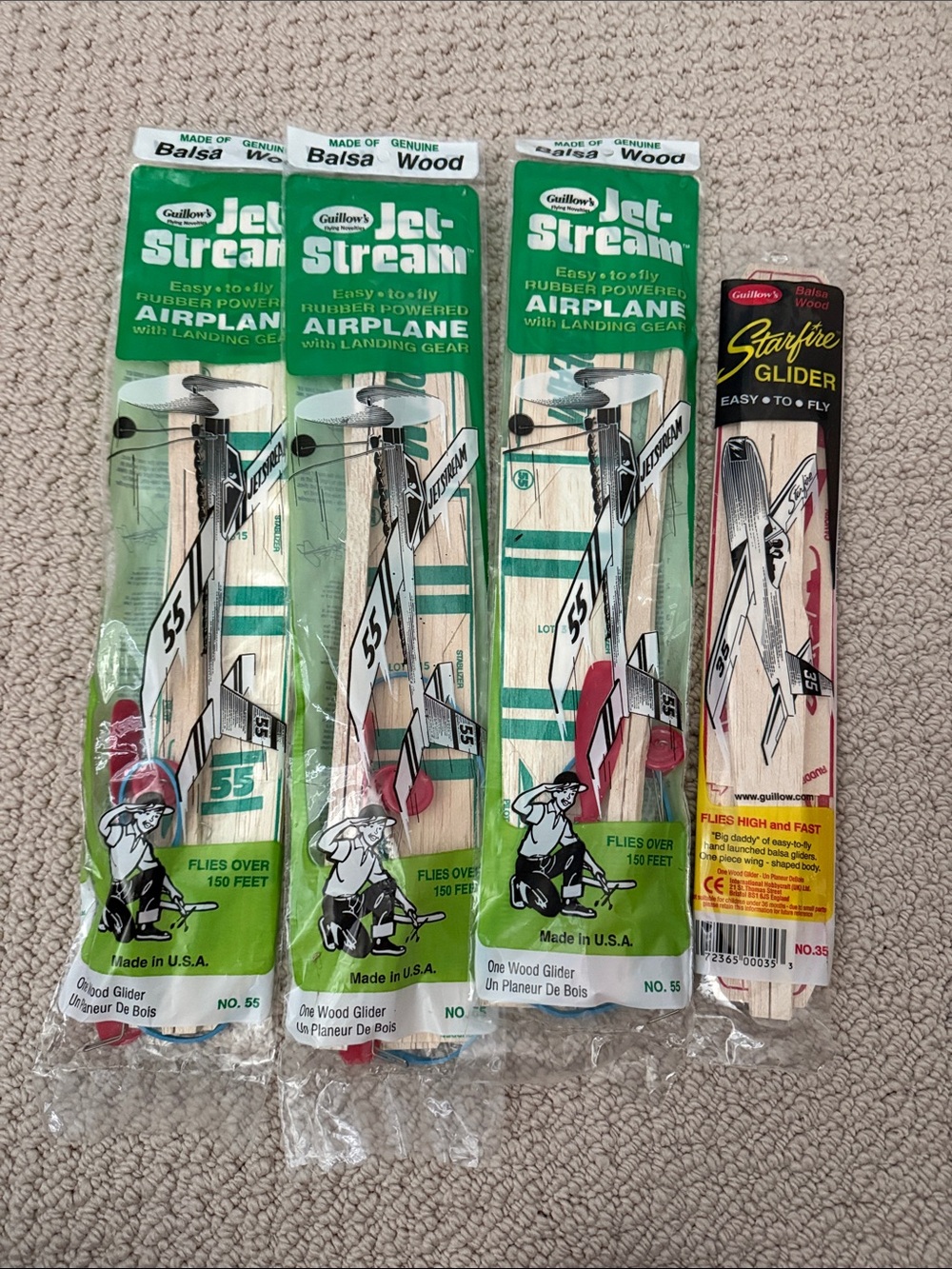 Guillow's Jet Stream and Starfire Wood Gliders Three #55 & One #35 Made in USA